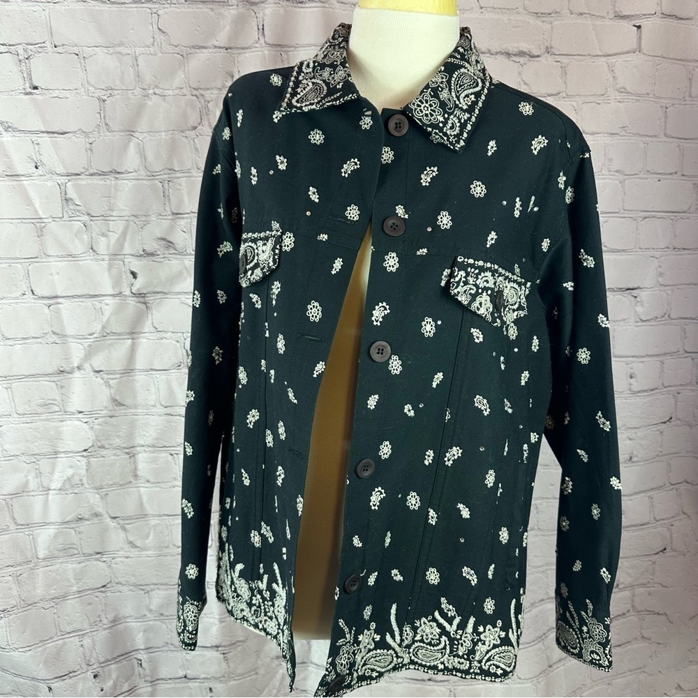 the quaker factory embellished jacket sz medium black white beaded rhinestone